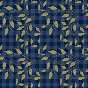 Willow Leaves-Gold on Navy Check Background 