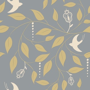 Swallows Gathering -   Gold/Buttercream on Gray Wallpaper