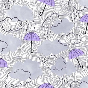 Purple umbrellas on a windy day