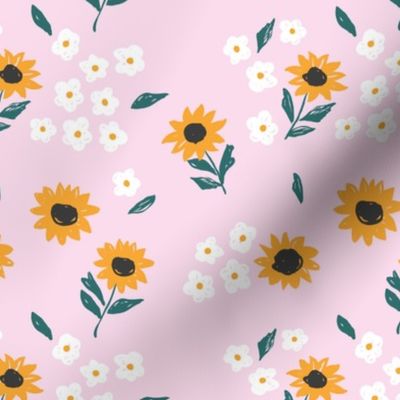 Summer sunflowers and daisies flower garden boho leaves and blossom nursery design pink white green