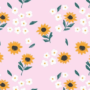 Summer sunflowers and daisies flower garden boho leaves and blossom nursery design pink white green