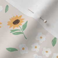 Summer sunflowers and daisies flower garden boho leaves and blossom nursery design sand beige yellow green neutral pastels