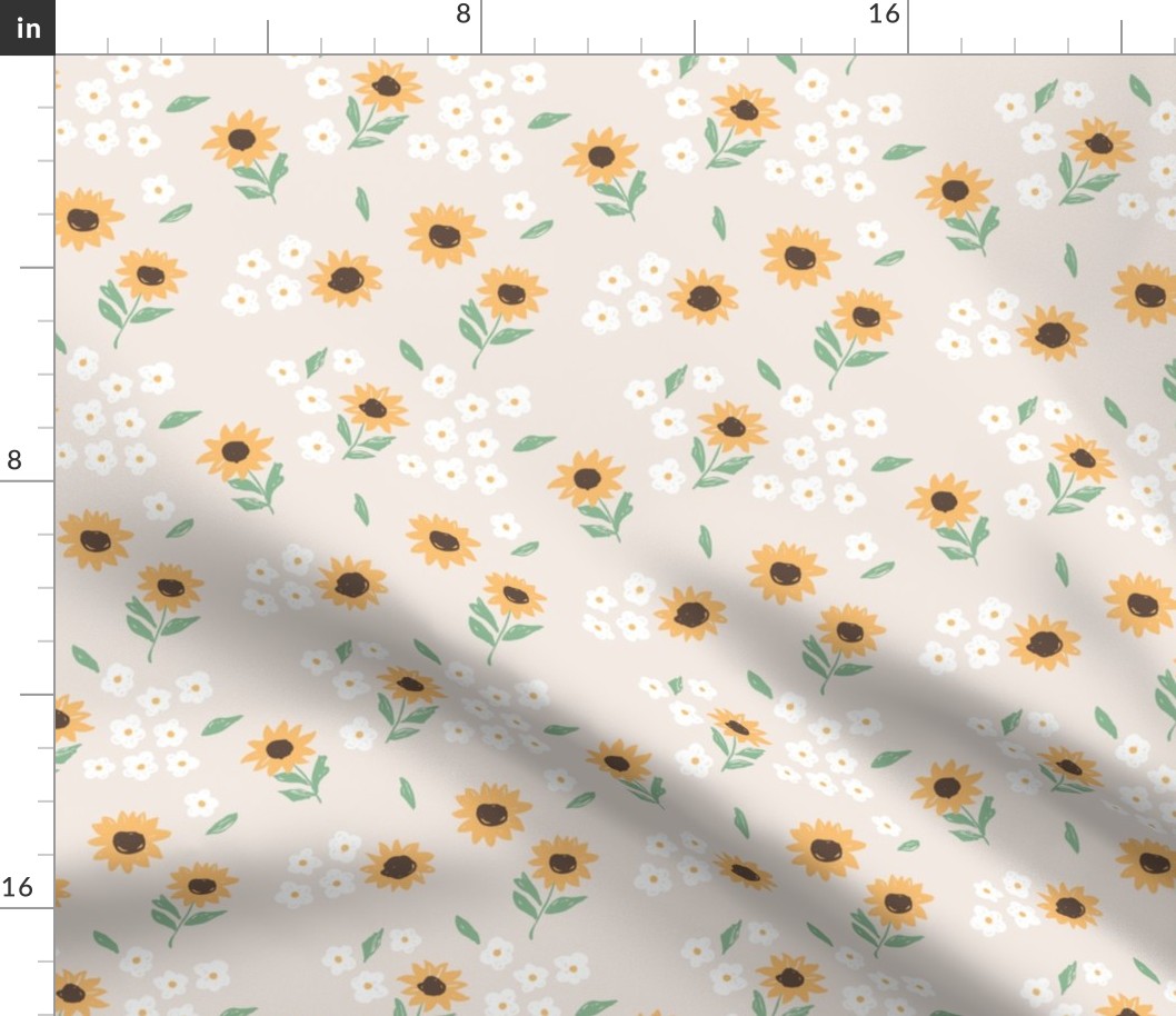 Summer sunflowers and daisies flower garden boho leaves and blossom nursery design sand beige yellow green neutral pastels