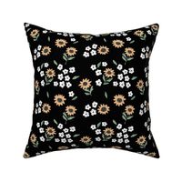 Summer sunflowers and daisies flower garden boho leaves and blossom nursery design sand black yellow green neutral pastels
