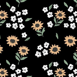 Summer sunflowers and daisies flower garden boho leaves and blossom nursery design sand black yellow green neutral pastels
