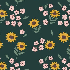 Summer sunflowers and daisies flower garden boho leaves and blossom nursery design yellow pink forest green
