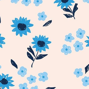 Summer sunflowers and daisies flower garden boho leaves and blossom nursery design navy blue pink yellow