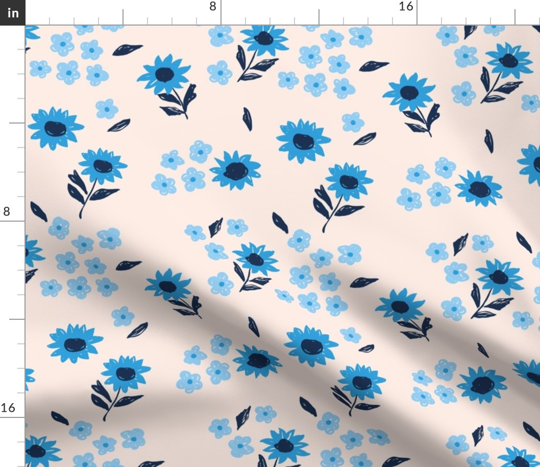 Summer sunflowers and daisies flower garden boho leaves and blossom nursery design navy blue pink yellow