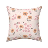 Summer sunflowers and daisies flower garden boho leaves and blossom nursery design blush pink beige