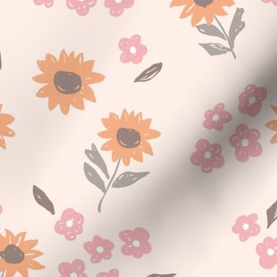 Summer sunflowers and daisies flower garden boho leaves and blossom nursery design blush pink beige