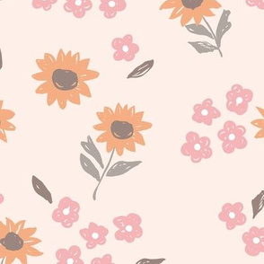 Summer sunflowers and daisies flower garden boho leaves and blossom nursery design blush pink beige