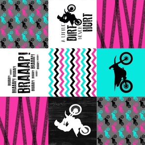 Motocross//A little dirt Never hurt//Hot Pink & Turquoise - Wholecloth Cheater Quilt - Rotated