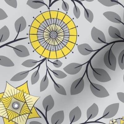 Retro Midcentury Flowers - Grey Yellow 