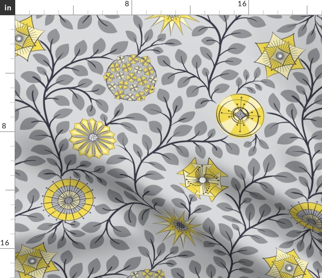 Retro Midcentury Flowers - Grey Yellow 