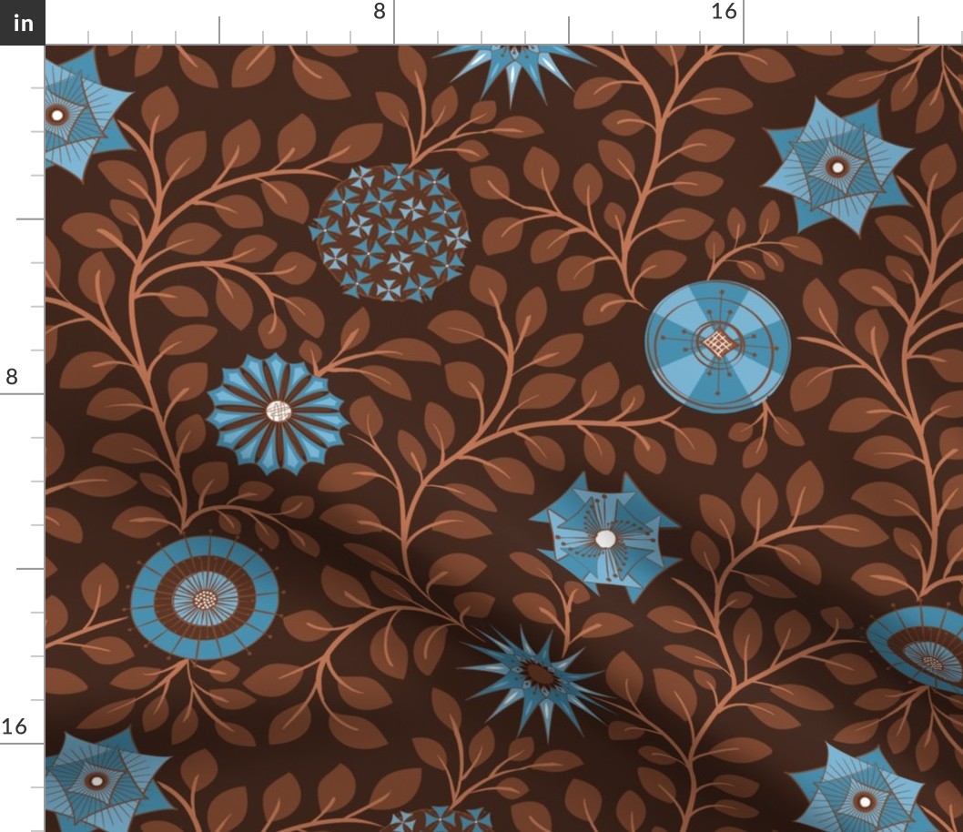 Retro Midcentury Flowers - Brown Blue 