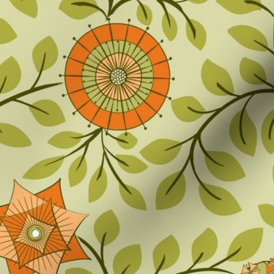 Retro Midcentury Flowers - Green Orange  