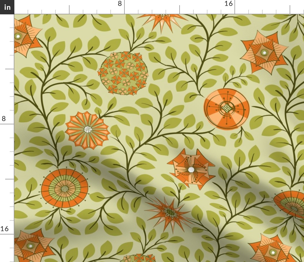 Retro Midcentury Flowers - Green Orange  