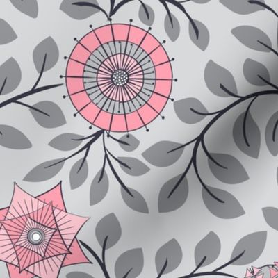 Retro Midcentury Flowers - Grey Pink 
