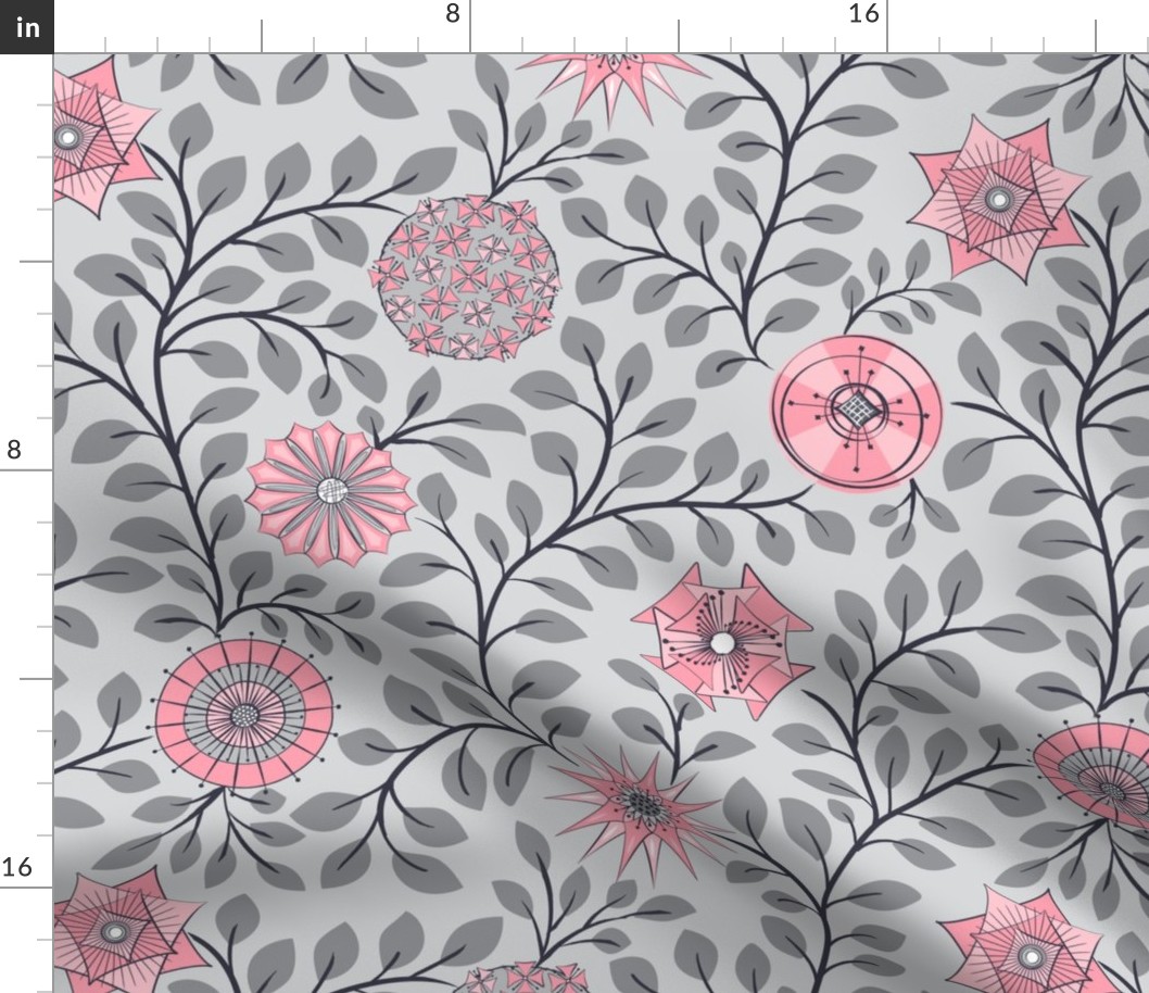 Retro Midcentury Flowers - Grey Pink 