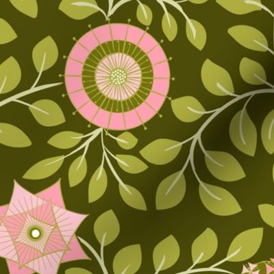 Retro Midcentury Flowers - Green Pink 