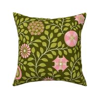 Retro Midcentury Flowers - Green Pink 