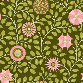 Retro Midcentury Flowers - Green Pink 