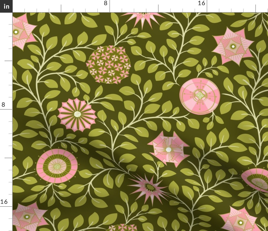 Retro Midcentury Flowers - Green Pink 