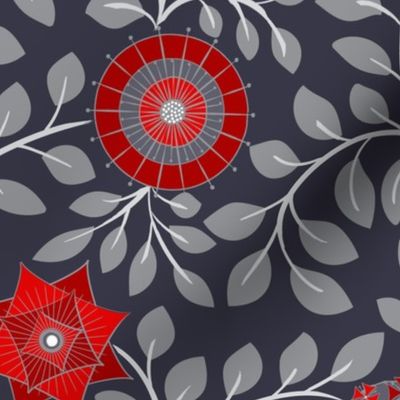 Retro Midcentury Flowers - Grey Red