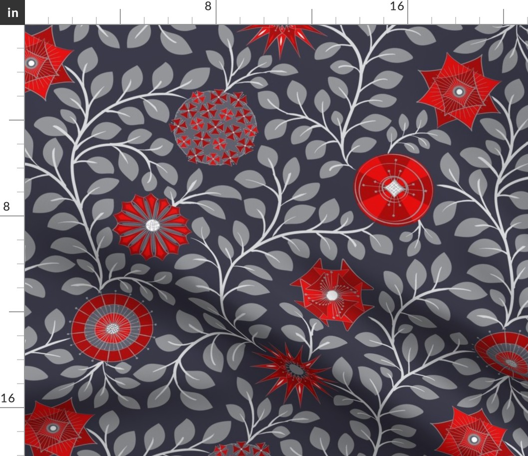 Retro Midcentury Flowers - Grey Red