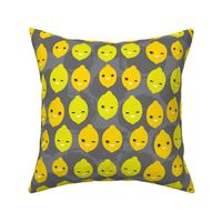 cute Kawaii lemon lime with wink eyes, yellow on gray background