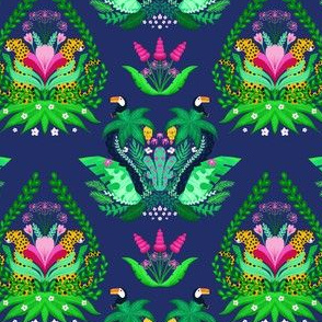 Tropical Animals Damask Dark Blue - Small