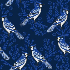 MEDIUM blue jay fabric, blue jay wallpaper, blue jay home decor, blue jay curtains, blue jay linocut, woodcut - dark navy
