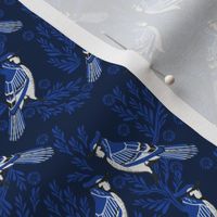SMALL blue jay fabric, blue jay wallpaper, blue jay home decor, blue jay curtains, blue jay linocut, woodcut - dark navy