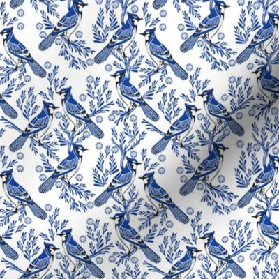 SMALL blue jay fabric, blue jay wallpaper, blue jay home decor, blue jay curtains, blue jay linocut, woodcut - white