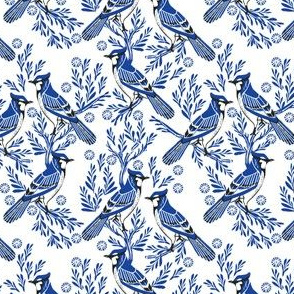 SMALL blue jay fabric, blue jay wallpaper, blue jay home decor, blue jay curtains, blue jay linocut, woodcut - white