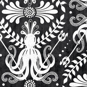 Mythos - Nautical Octopus Damask Charcoal Black Large Scale