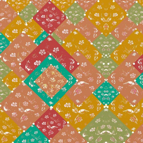 Bohemian Mid-Century Modern  Vintage layered Scrap Fabric Block Print  Oriental Patchwork 5