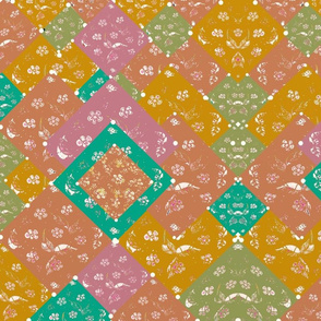Bohemian Mid-Century Modern  Vintage layered Scrap Fabric Block Print  Oriental Patchwork 4