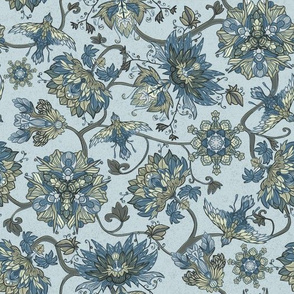 Chintz Flowers and Birds warm grey and blue