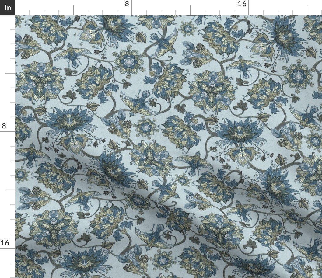 Chintz Flowers and Birds warm grey and blue