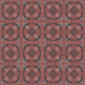 Tile Inspired Mandala Pattern - Navy Blue and Brick Red