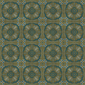Tile Inspired Mandala Pattern - Teal, Blue and Olive Green