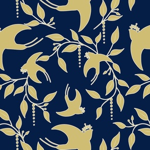 Crowned Swallows  - Gold on Nite Blue  Wallpaper
