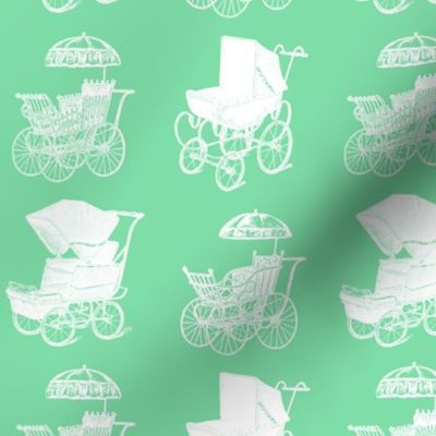 Antique Baby Carriages in White with a Mint Green Background (Regular Scale)