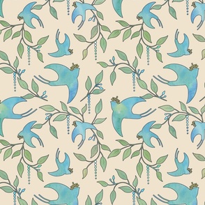 Crowned Swallows  - Blue/Greens on Dark Cream Wallpaper