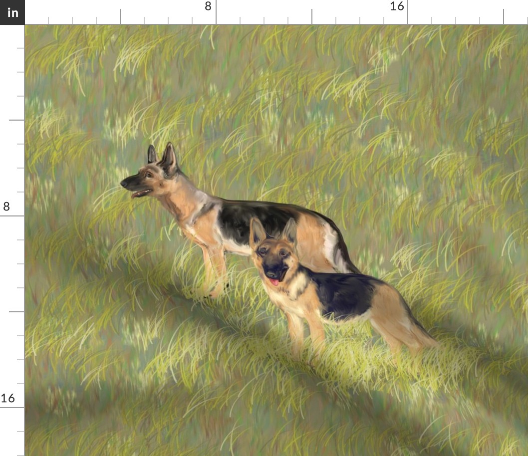 Two German Shepherd Dogs in a Green Field for Pillow