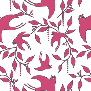 Crowned Swallows - Raspberry/Gray on White Wallpaper