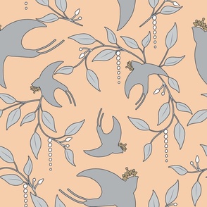 Crowned Swallows Wallpaper - Cerulean Blue on Buttercream