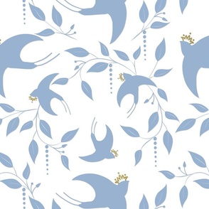Crowned Swallows Wallpaper -  Cerulean Blue with Gold Crowns on White