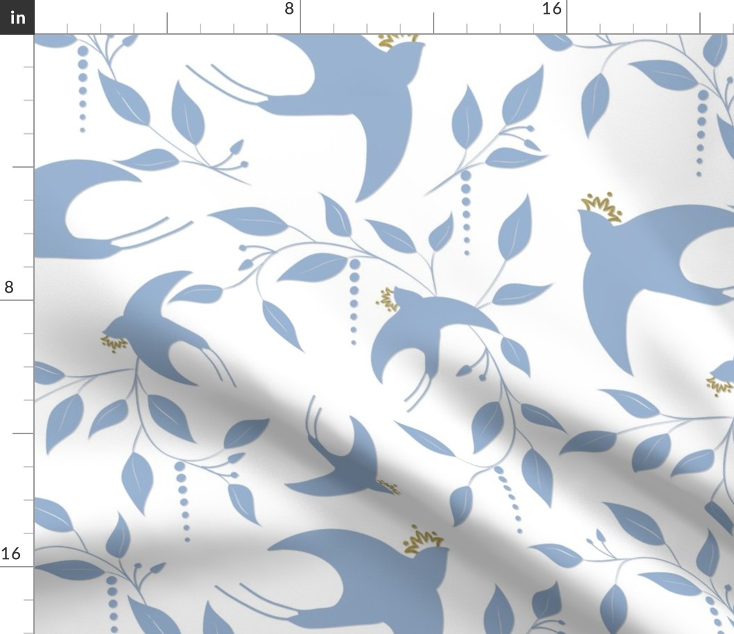 Crowned Swallows Wallpaper -  Cerulean Blue/Gold on White Wallpaper